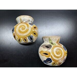Mexican Folk Art Pottery Handpainted Wall Pocket Flower Pot Set Of 2